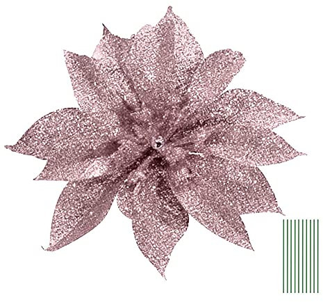 Yueshop 10 Pcs Glitter Christmas Flowers with Artificial Poinsettia Flower Christmas Tree Flower Decorations Xmas Tree Ornaments (Rose Gold, 9CM)