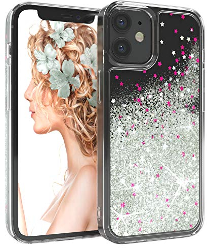 EAZY CASE Hülle kompatibel mit iPhone 12 Mini Schutzhülle mit Flüssig-Glitzer, Handyhülle, Schutzhülle, Back Cover mit Glitter Flüssigkeit, TPU/Silikon, Transparent/Durchsichtig, Silber