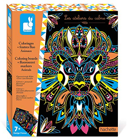 Janod - Set zum Ausmalen Mandalas und Neonfilzstifte Tiere - Les Ateliers du Calme - Set für kreative Freizeitbeschäftigungen für Kinder - Feinmotorik und Kreativität - Ab 7 Jahren, J07949, Mittel