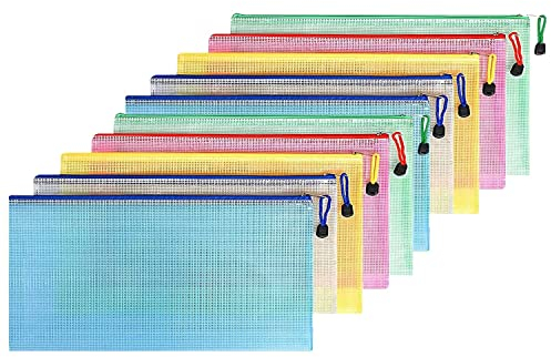FYY Dokumententasche A6,10 Stücke Datei Taschen mit Reißverschluss,Mesh Kunststoff Reißverschlusstasche,Schulbüro Hausaufgaben für Datei,Papier,Quittungen,Dokumente,Kosmetika,Farbe Taschen