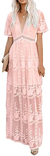 amropi Vestito di Pizzo Lungo Donna Cerimonia Scollo a V Manica Corta Maxi Abito da Cerimonia Rosa,S