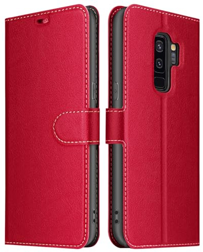 ELESNOW Hülle für Samsung Galaxy S9 Plus, PU Leder Klappbar Wallet Handyhülle Schutzhülle Tasche mit Kartenfach, Standfunktion, Magnetisch für Samsung Galaxy S9 Plus Hüllen (Rot)