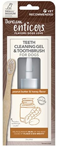 TropiClean Enticers Teeth Cleaning Gel & Toothbrush for S/M Dogs - Peanut Butter & Honey Flavour, 59ml - Helps Remove The Source of Bad Breath and Plaque - Bamboo Brush Speeds Up Plaque Removal