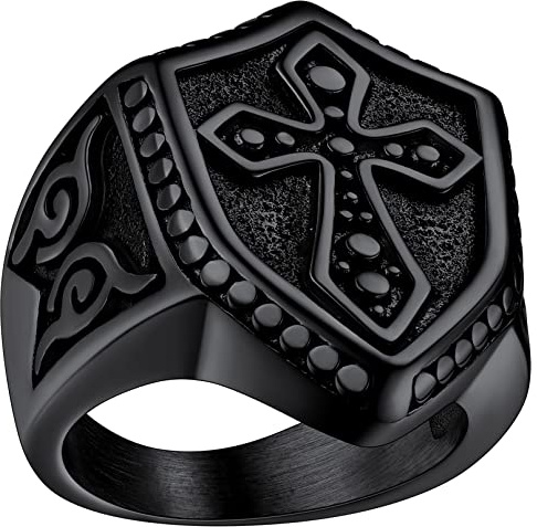 FaithHeart Edelstahl Tempelritter Ring für Herren Jungen Hochgepoliert Schild Siegelring Tempelritter Kreuz Fingerring in Größe 54-72 Punk Gotik Statement Ring für Geburtstag Vatertag