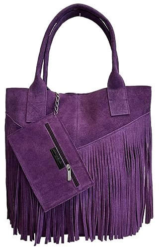 Modarno Borsa shopper da donna in vera pelle scamosciata con frangia più custodia per gioielli dello stesso colore - Borsa a mano - Borsa a spalla (Viola)