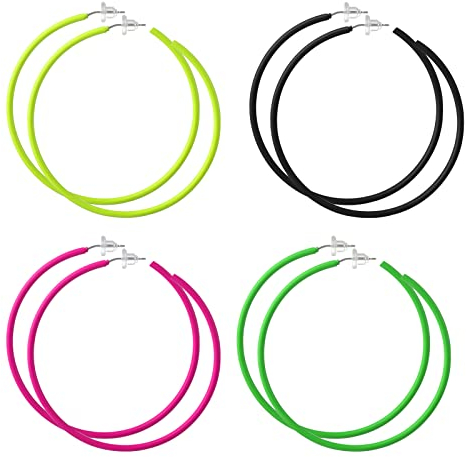 4 Paar Neon Ohrringe Creolen Damen Vintage Große Helle Creolen Leichte 80er Klassische Große Statement Ohrringe für 80er 90er Jahre Outfit Damen Party Vintage Kostümparty Weihnachtsohrringe