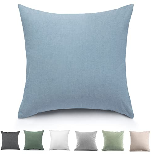 TOCOMOA Kissenbezug 40x40 cm 2er Set - 100% Gewaschene Baumwolle Kissenbezüge Oeko-TEX Zertifiziert, Leinenoptik und Atmungsaktiv Kissenhülle, Hellblau Kopfkissenbezug mit Reißverschluss