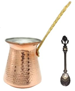 LEO Design Turkish Coffee Pot 5 Sizes, Coffee Maker Greek Arabic Coffee Stovetop Thick 3mm Solid Hammered Handmade Engraved Copper Cezve Ibrik Briki with Long Brass Handle for 2-8 Cup (2 Cup / 180ml)