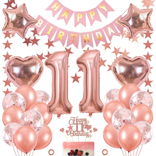 Jxuzh 11. Geburtstag Dekoration Mädchen - Rosegold Luftballon Happy Birthday Deko Set - 33 Stück