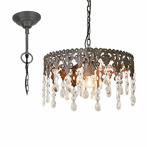 LOBERON Hängelampe Escoire, Französischer Empire-Stil, mit fein Geschliffenen Glasprismen, Kunstvoll Geschmiedeter Baldachin, Hängeleuchte, Eisen, Glas, antikgrau/klar
