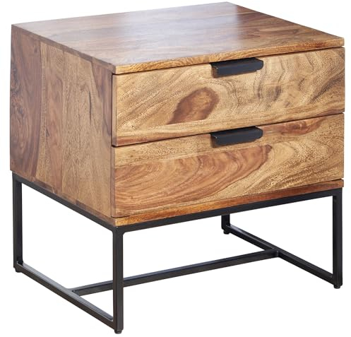 FineBuy Nachttisch Sheesham Massivholz/Metall 50x40x51 cm Nachtschrank Boxspringbett, Design Nachtkonsole mit 2 Schubladen, Nachtkommode Industrial mit Stauraum
