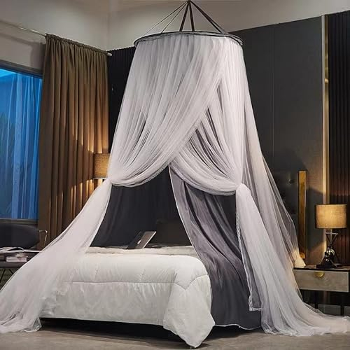 Padiouxs Luxuriöse Betthimmel-Vorhänge für Mädchen, Erwachsene, Kinder, doppellagig, Prinzessinnen-Betthimmel, runde Kuppelspitze, Netz für Doppelbett, Queen-Size-Bett (neugrau)