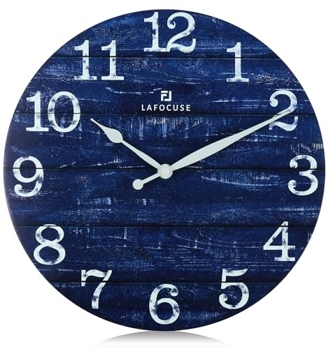 Lafocuse 12 Inch Vintage Wall Clock Navy Blue Wooden, Silent Non Ticking Clocks Retro for Kitchen Living Room Bedroom Home Decor