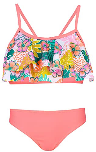 Aquarti Mädchen Bikini Set Bustier Bikinislip Zweiteiliger Badeanzug, Farbe: 030H mit Rüschen Blumen Orange/Rosa/Blau, Größe: 122