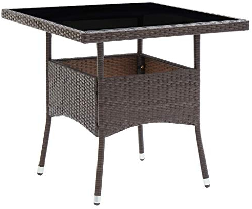 FIRBNUS 80x80x75 cm Garten Esstisch Gartentisch Wetterfest Braun Tisch Balkontisch Tischplatte Beistelltisch Holz Gartenmöbel Esszimmertische Poly Rattan und Gehärtetes Glas
