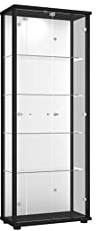 K-Möbel Glas Vitrinenschrank 2-türig (176x67x33cm) - Made in Germany - Standvitrine Schwarz mit 4 höhenverstellbaren Glasböden, Spiegel& Schloss - Glasvitrine Stehend - Sammler
