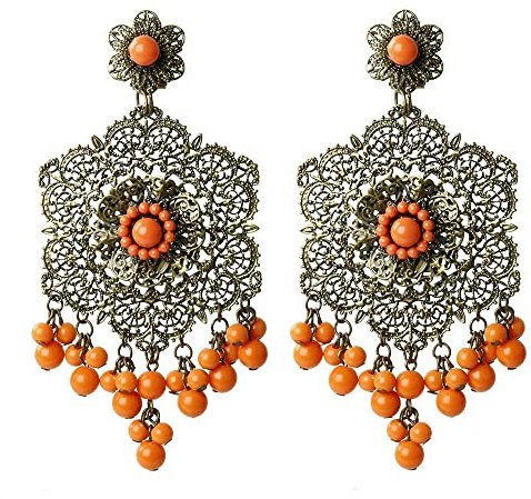 FLAMENCA SHOP Pendiente Calado roseta con bolas (Naranja)