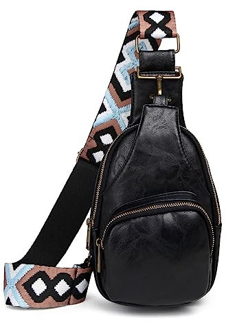 FANDARE Ultraleicht Brusttasche Damen Handtaschen Elegant Handy Umhängetasche PU Leder Sling Tasche mit verstellbarem, breitem Riemen Schultertasche Frauen Handytasche zum Umhängen Damentasche Schwarz
