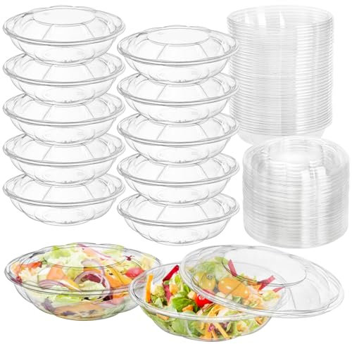 Mezchi 50 Pack Disposable Salad Bowls with Lids, 18 oz Salad To-Go Container for Lunch, Clear Plastic Acai Bowls for Takeout Fruits, Meal Prep, Nuts, Serving, and Mixing