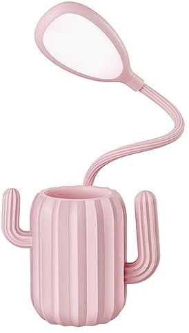 LED Desk Lamp with Pen Holder, Cartoon Cactus USB Rechargeable Desk Light with Flexible Gooseneck Dimmable White Light for Students Kids Study [Pink]