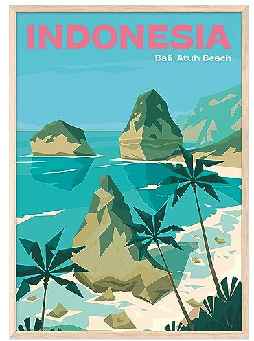 JUNOMI® Indonesien Poster DIN A2 | Wohnzimmer Deko, Modernes Wandbild, Bali Poster, Reiseposter, Bali Wandbild | Mit Rahmen Natur