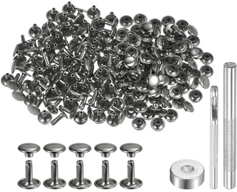 QUARKZMAN 100 Juego Cuero Remache 10 x 9 mm Remaches de Metal de Doble Tapa Broches de Presión Sujetadores con 3 Herramientas de Instalación para Cuero Manualidades Gris Metálico