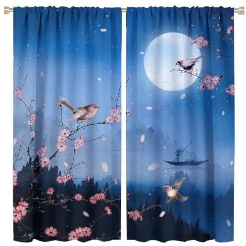 COALHO Lot de 2 panneaux de rideaux occultants à isolation thermique avec passe-tringle de style japonais rustique, motif floral, printemps, forêt, nuit, pleine lune, oiseaux et oiseaux, 114,3 x 53,3