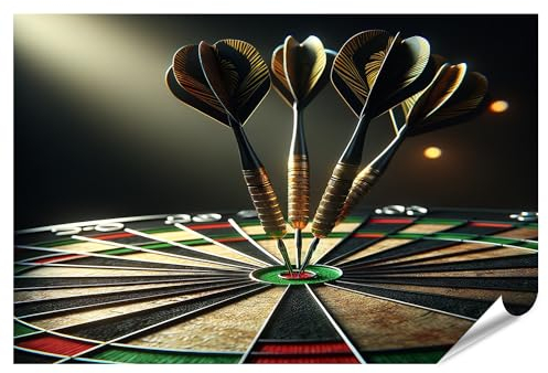 islandburner XXL Bild Poster Traditionelle Dartscheibe drei Darts im Bullseye schwarze Schäfte Premium Bilder Fotodruck