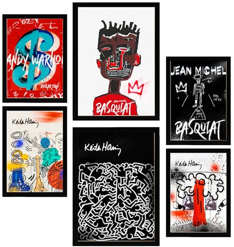 Nacnic 6er-Set Grafiti Pop Basquiat Warhol Gerahmtes Poster mit Design-Illustrationen zur Dekoration der Wände Ihres Zuhause Zimmer Büro Laden Malerei A3 & A4 Schwarzer Rahmen