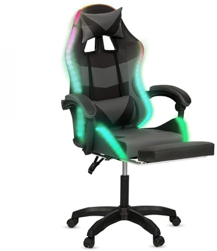 IDMarket LUC - Sillón de juego LED con reposapiés, cojín para la cabeza y soporte lumbar, color negro y gris