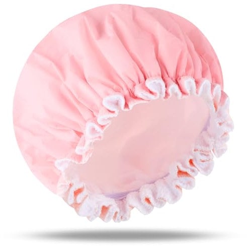 Pink Shower Cap Reusable Waterproof Terry Lined Shower Cap for Women Flexi Bathing Shower Caps Double Large Shower Cap Elastic Hair Cap for Shower Cap with Terry Cloth Lining for all Hair Types