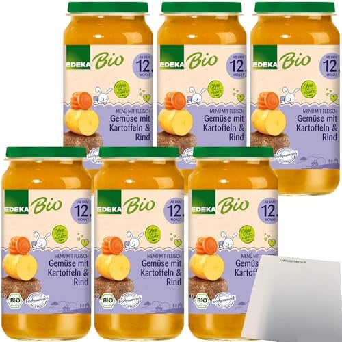 Edeka Bio Babynahrung Gemüse mit Kartoffeln & Rind ab 12. Monat (6x250g Glas) + usy Block