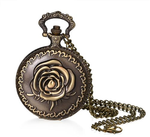 Avaner Taschenuhr mit Kette Blumen: Vintage Taschenuhr mit Arabischen Ziffernskala Halskette Pulloverkette Analoger Quarz Uhr als Geschenk für Männer Frauen