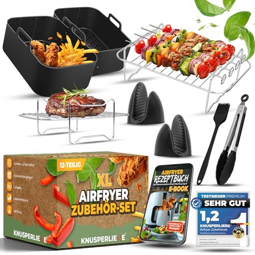 KNUSPERLIEBE® Ninja Heißluftfritteuse Zubehör Set 12-teilig für Airfryer, Ninja Foodi AF300, AF400,AF451, Double Stack 7,6L-9.5L und Dual Zone Air Fryer, BPA-Frei | Air Fryer Accessories inkl. E-BOOK