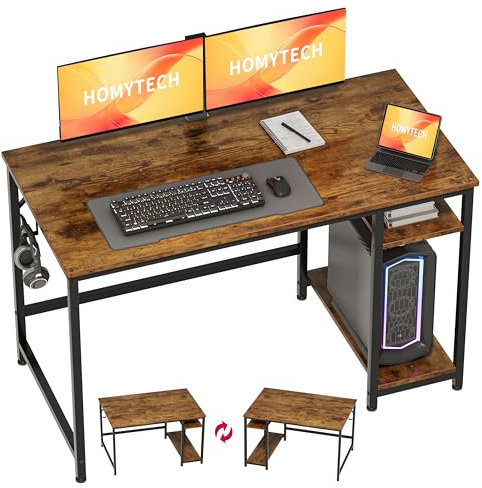 HOMYTECH Escritorio Madera con Doble Estante Lateral Reversible y Gancho para Auriculares, Escritorio Ordenador para Oficina en Casa, Estudio de Empresa, 120x60 cm, Acabado Roble Vintage