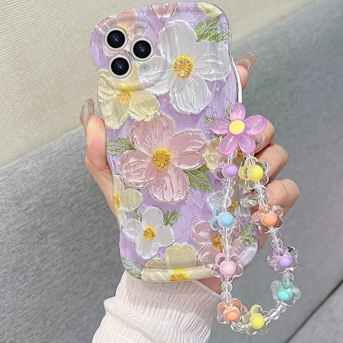 for iPhone 11 Pro Curly Wavy Case, Cute Colorful Retro Oil Painting Flower Glossy Pattern [with Bead Chain], Slim Fit Shockproof Protective Cover for Girls Women (Purple)