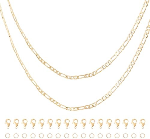 Pandahall 6.56 Ft 14K Gold Plated Figaro Chains 12.8x5x1mm Brass Gold Figaro Link Chains with Lobster Claw Clasps & Jump Rings for DIY Bracelet Jewelry Making