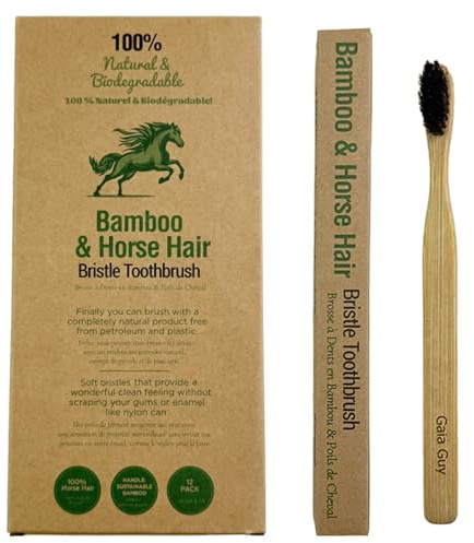 Gaia Guy Natural Horse Hair Bristle Bamboo Toothbrush (NO Nylon - Horsehair ONLY) - Totally Compostable Soft Horse Hair Bristle and Bamboo Toothbrushes - Zero Waste & Plastic-Free (12)