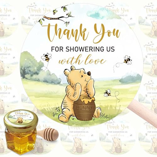 80pcs Thank You for Showering Us with Love Baby Shower Stickers, Winnie Thank You Stickers, Classic Pooh Party Label Set