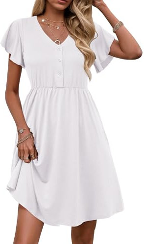 Zeagoo Schöne Damenkleidung Kleider Sommer Kurzarm Rüschen Kleid Einfarbig Casual Minikleid Schößchen Knielang Midikleid Strandkleid mit Tasche Weiß M