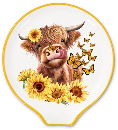 JarThenaAMCS 4.7inch Highland Cow Spoon Rest Watercolor Sunflower Butterfly Cow Small Coffee Spoon Holder for Spring Summer Fall Coffee Stirrers Teaspoon Bar Coffee Station Accessories Kitchen Decor