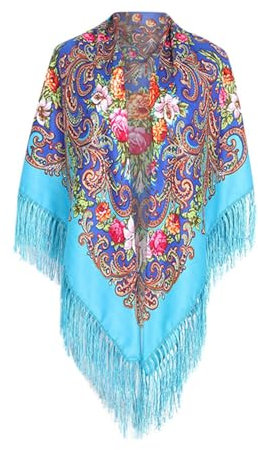 Caxndycing Halstuch mit Traditionellem Ukrainischem Polnischem Russischem Blumenmuster und Fransen Elegante Halstuch Schal Lady Quaste Blumendruck Baumwolle Kopftuch Wraps