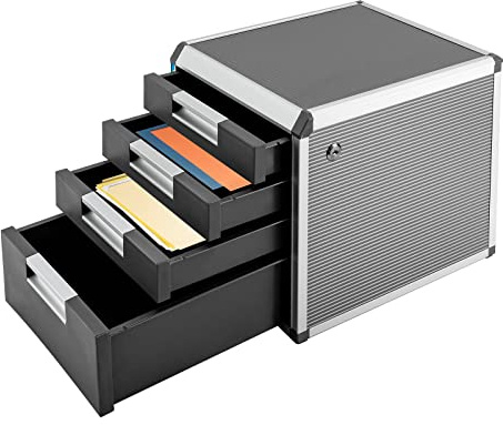 Tyvotrend Metall Schubladenbox Abschließbar, Dokumenten Ablagebox mit 4 Geschlossenen Schubladen, 180° Klappbar Indexleiste, Schlüssel, für Büro, Silber, 31.5 x 35 x 29.8 cm