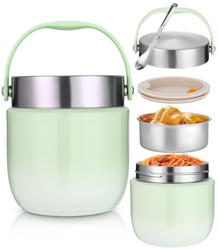 Recipiente térmico para alimentos, 1200 ml, cuenco térmico con tapa, recipiente para calentar de acero inoxidable con cuchara plegable, fiambrera térmica para niños y adultos para guardar sopas