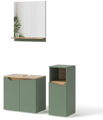 Vicco Badmöbel-Set Marelle, Badezimmerschrank-Set, Grün/Artisan, 3 Teile, mit Midischrank