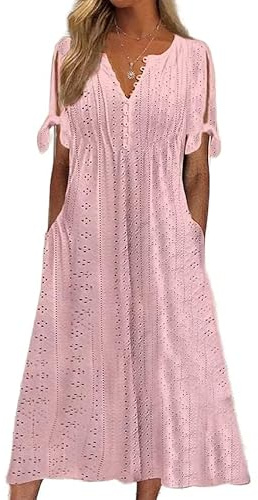 Robe pastel à œillets pour femme – Robe midi d'été bohème ajourée à boutons et col en V – Broderie ample – Tenue décontractée à manches courtes avec poches pour vacances à la plage, rose, XL