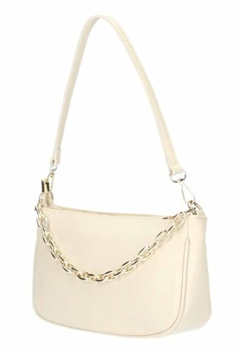Made in Italy Damen Leder Tasche Pochette mit Kette Schultertasche Handtasche City Bag Umhängetasche Clutch Ledertasche Bodybag Schmucktasche Crossbody Cross-Over Beige