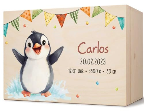 GRAVURZEILE Erinnerungskiste für Babys - Partytiere Pinguin - Personalisiert mit Name & Datum - Holzkiste für Mädchen & Jungen - Geschenk für Baby zur Geburt - Erinnerungsbox für Neugeborene