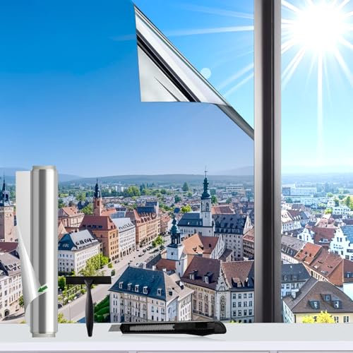 Evofensteere (Silber 75X200cm) UV-Schutz Sonnenschutzfolie Fenster innen oder außen,Selbstklebend Ohne Rückstände Thermofolie Fenster Gegen Hitze, spiegelfolie Fenster sichtschutz für Büro und Haus