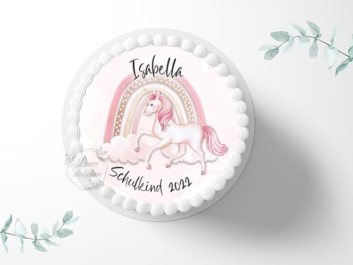 Tortenaufleger Einhorn zur Einschulung mit Wunschname personalisierbar, ⌀20cm Zuckerbild, Deko für Kuchen, Foto für Torten, Fondant S0016
